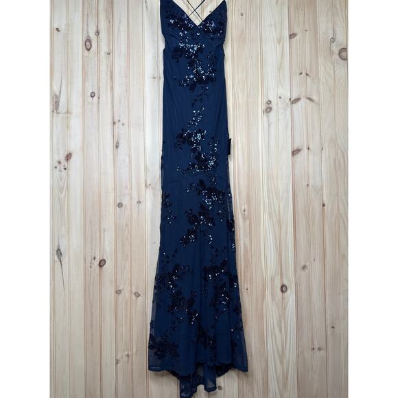 NWT Lulus Valhalla Navy Blue Sequin Lace-Up Maxi Dress Banquet Gala NYE Glam L - Picture 2 of 10
